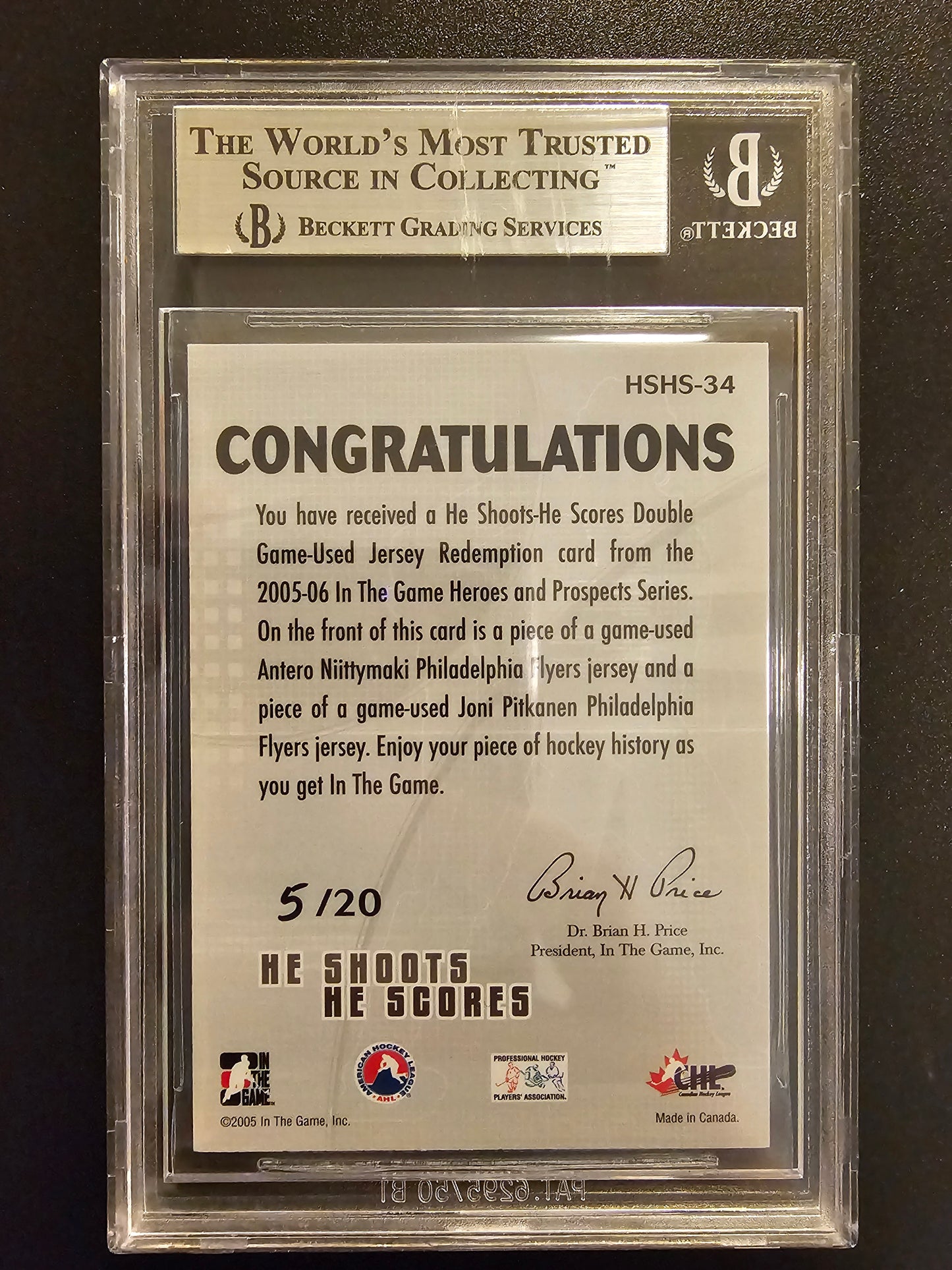 2005-06 In The Game Heroes and Prospects - He Shoots - He Scores Antero Niittymaki / Joni Pitkanen #HSHS-34 /20