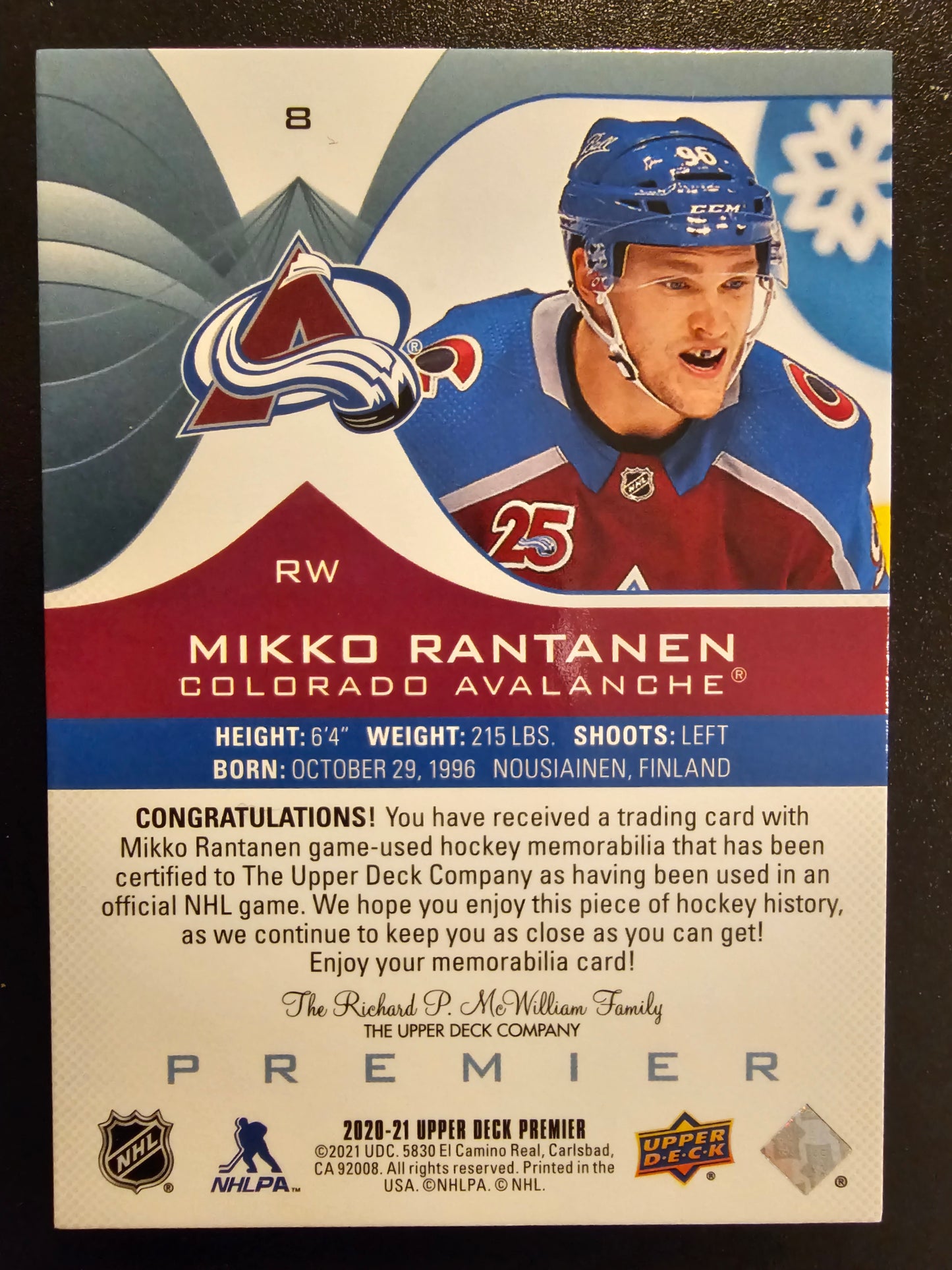 2020-21 Upper Deck Premier Neckline Mikko Rantanen #8 /3