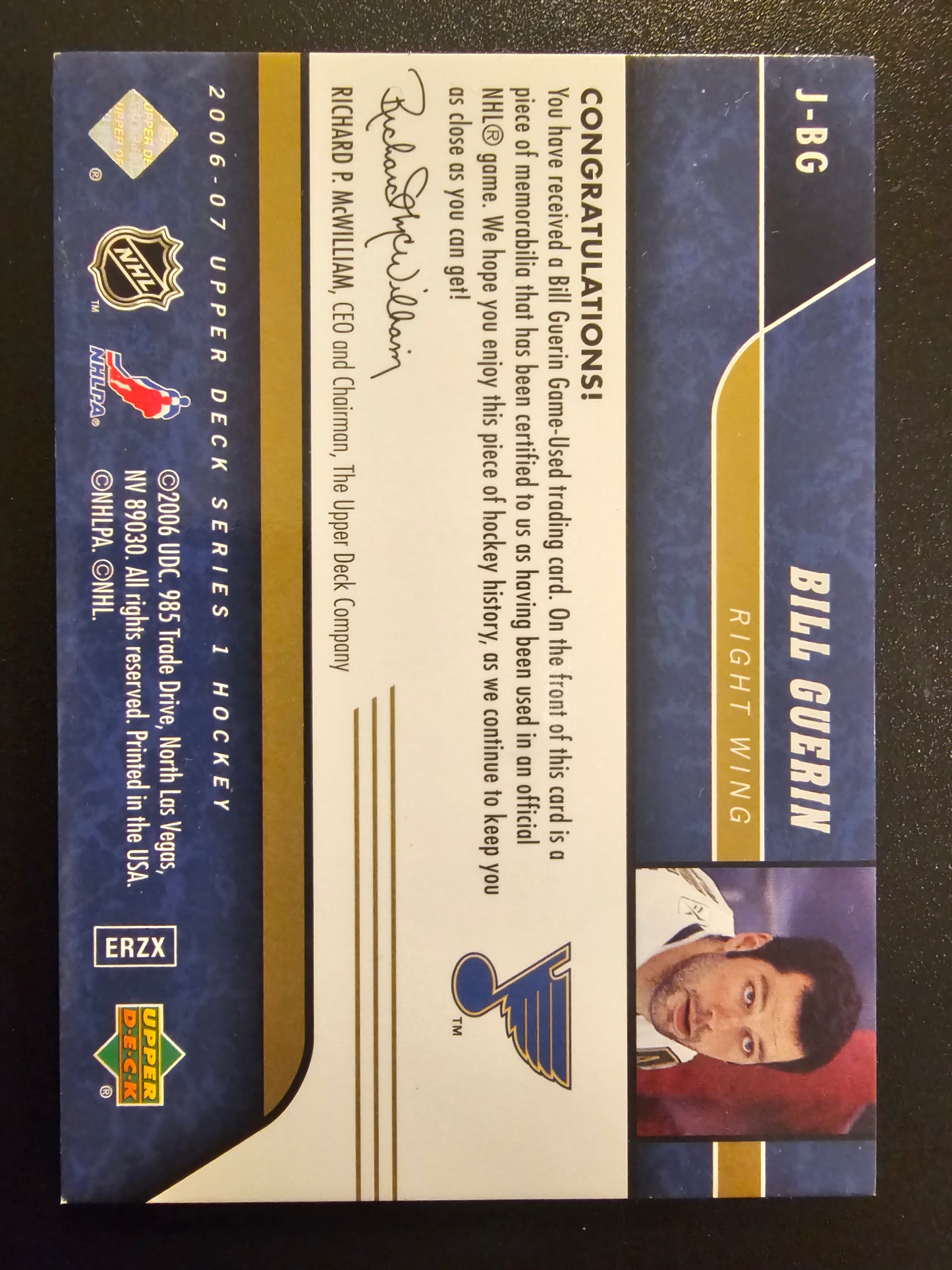 2006-07 Upper Deck Series 1 - UD Game Patch Bill Guerin #J-BG Jersey numbered 13/15