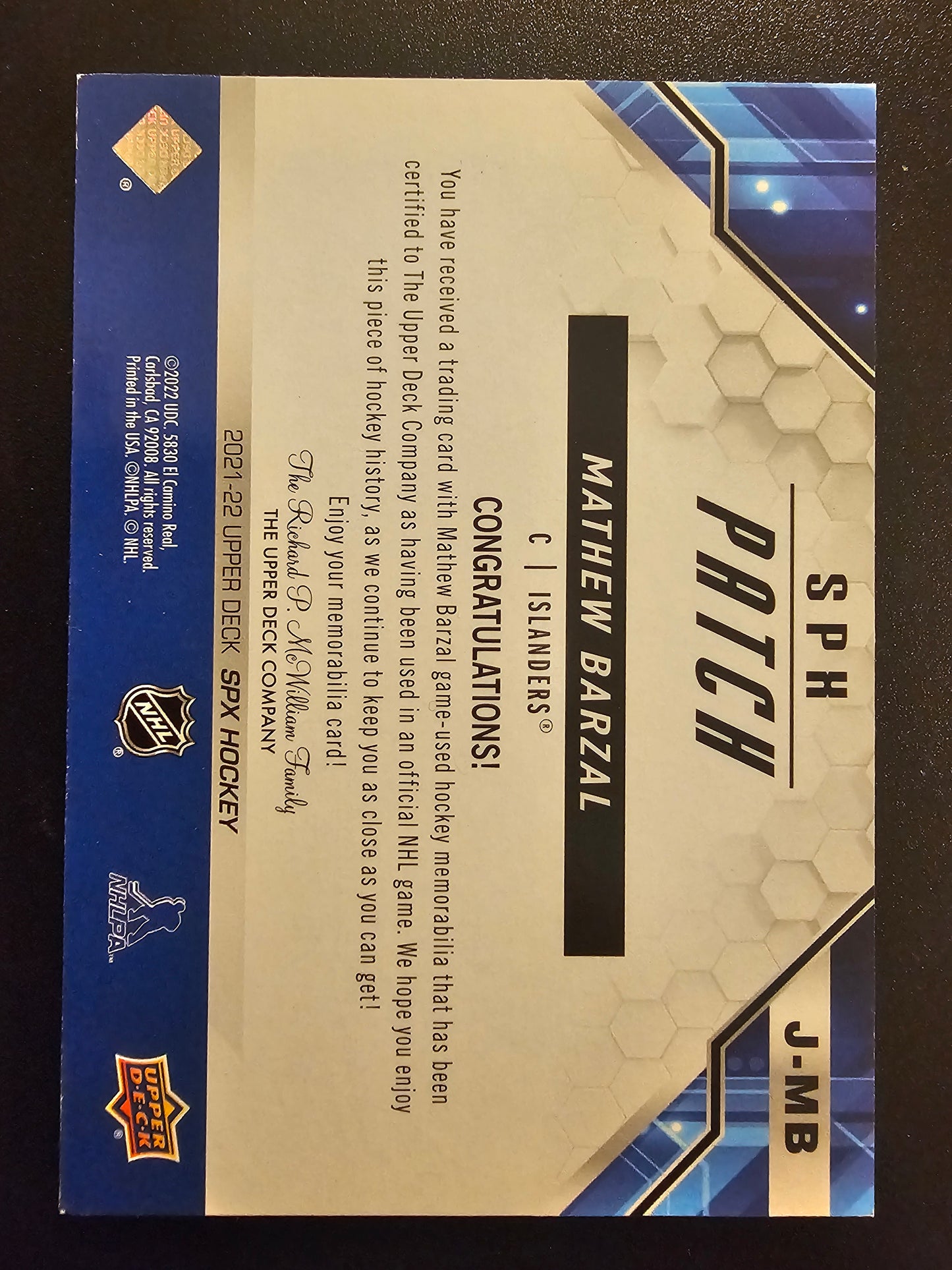 2021-22 Upper Deck SPx - Jersey - Patch Matthew Barzal #J-MB /25