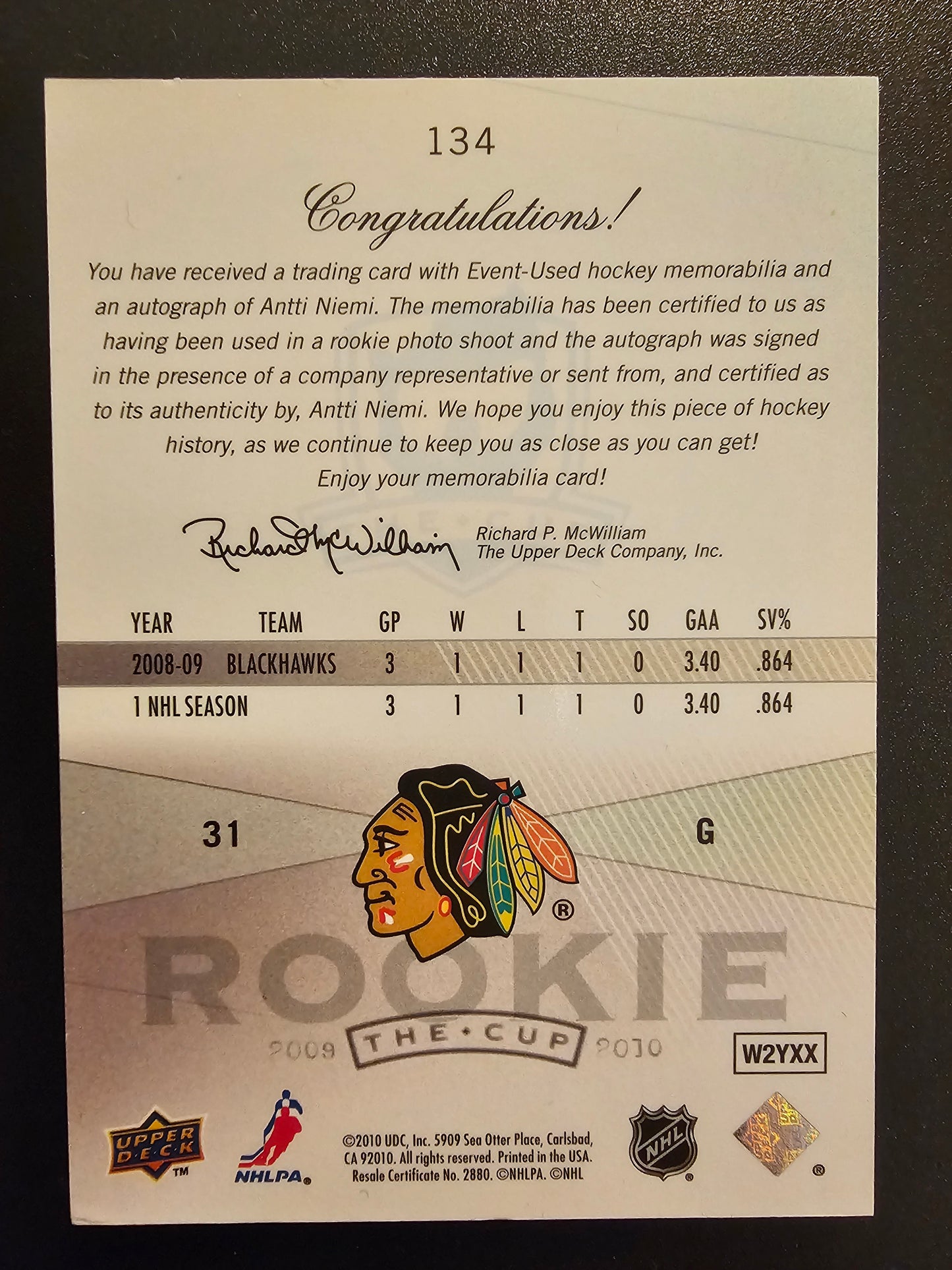 2009-10 Upper Deck The Cup RPA - Antti Niemi #134 /249 RC