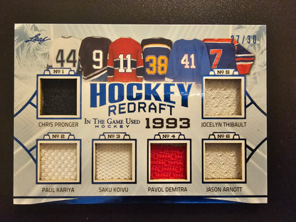 2020-21 Leaf In the Game Used - Hockey Redraft Relics - Chris Pronger / Paul Kariya / Saku Koivu / Pavol Demitra / Jason Arnott / Jocelyn Thibault #HR-14 /30