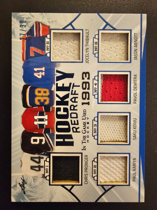 2020-21 Leaf In the Game Used - Hockey Redraft Relics - Chris Pronger / Paul Kariya / Saku Koivu / Pavol Demitra / Jason Arnott / Jocelyn Thibault #HR-14 /30