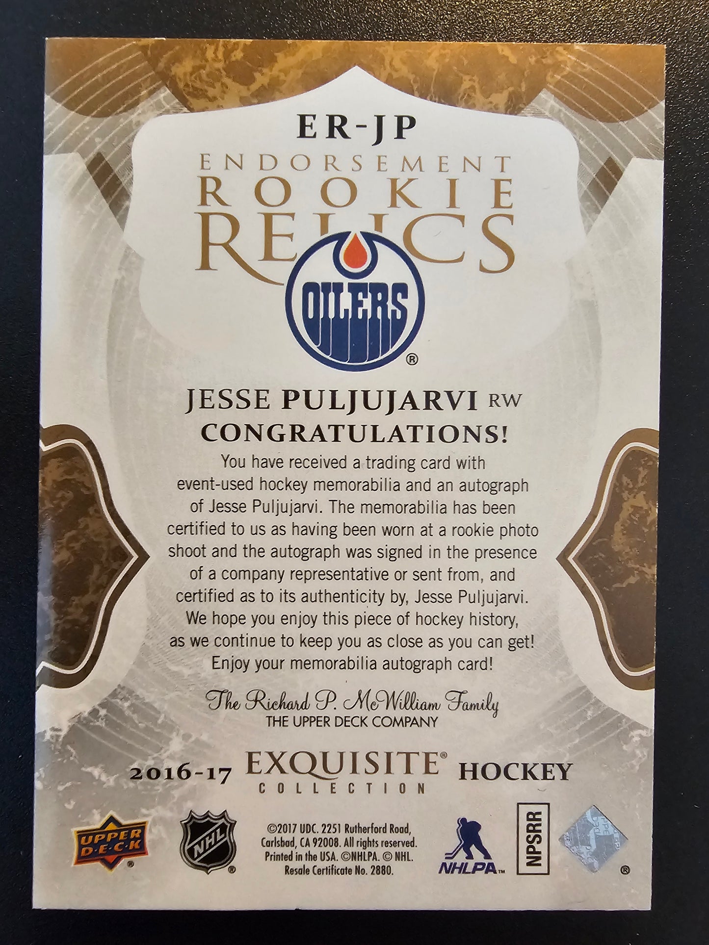 2016-17 Exquistite Collection - Endorsement Rookie Relics - Jesse Puljujarvi #ER-JP /50 RY