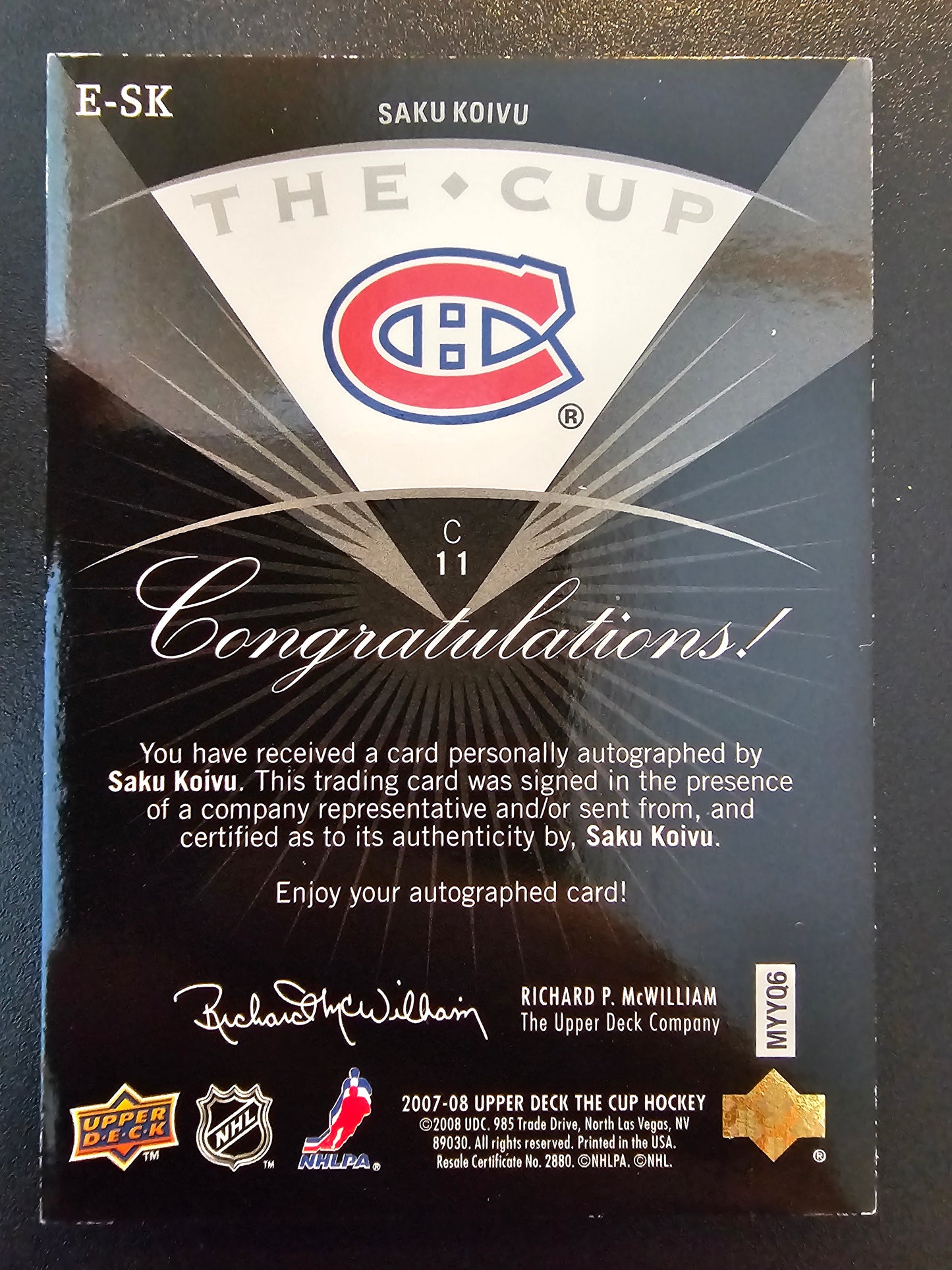 2007-08 Upper Deck The Cup - Cup Enshrinements Saku Koivu #E-SK /50