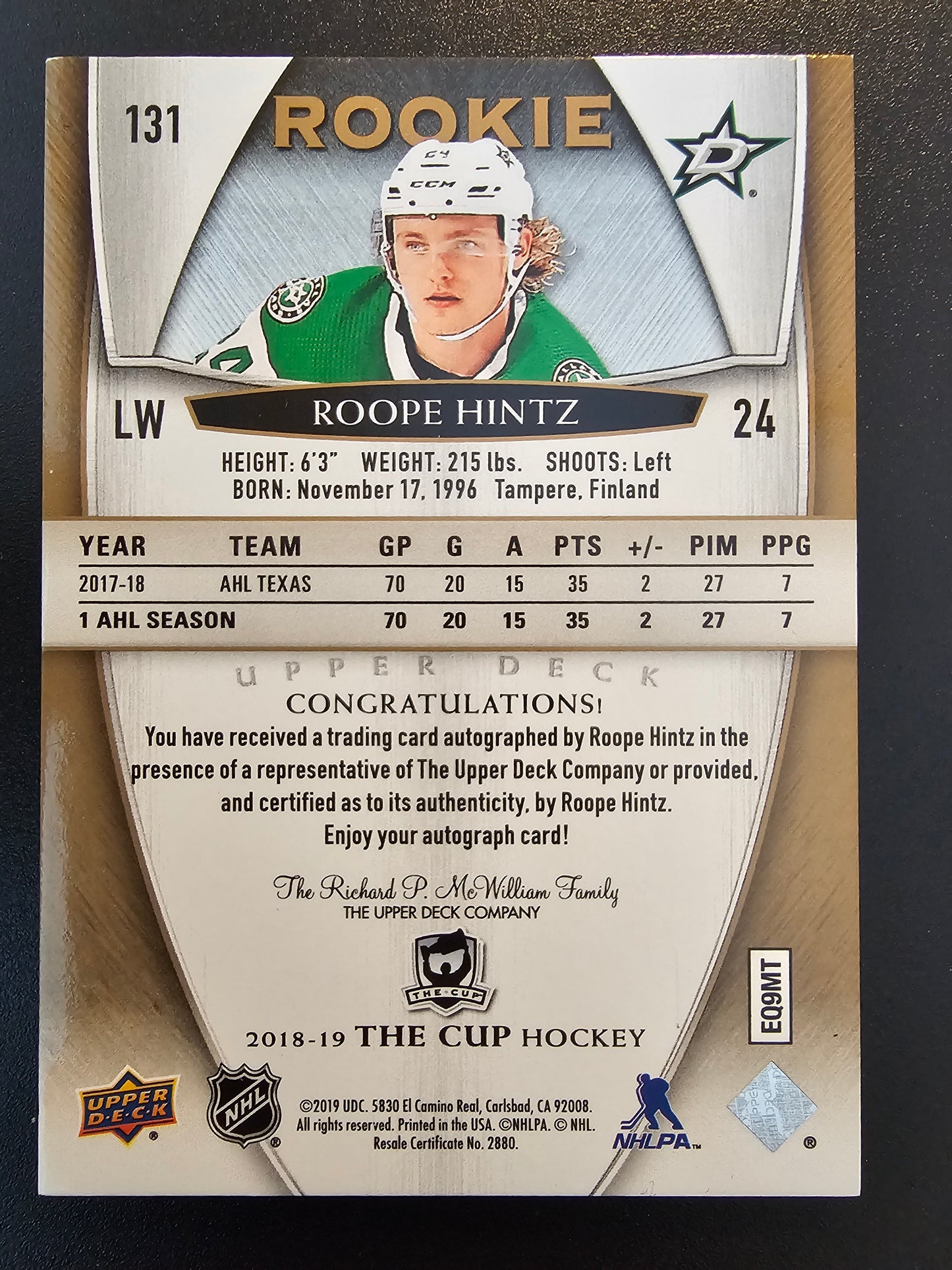 2018-19 Upper Deck The Cup - Gold Spectrum Foil Rookie Autographs Roope Hintz #131 /36 RC