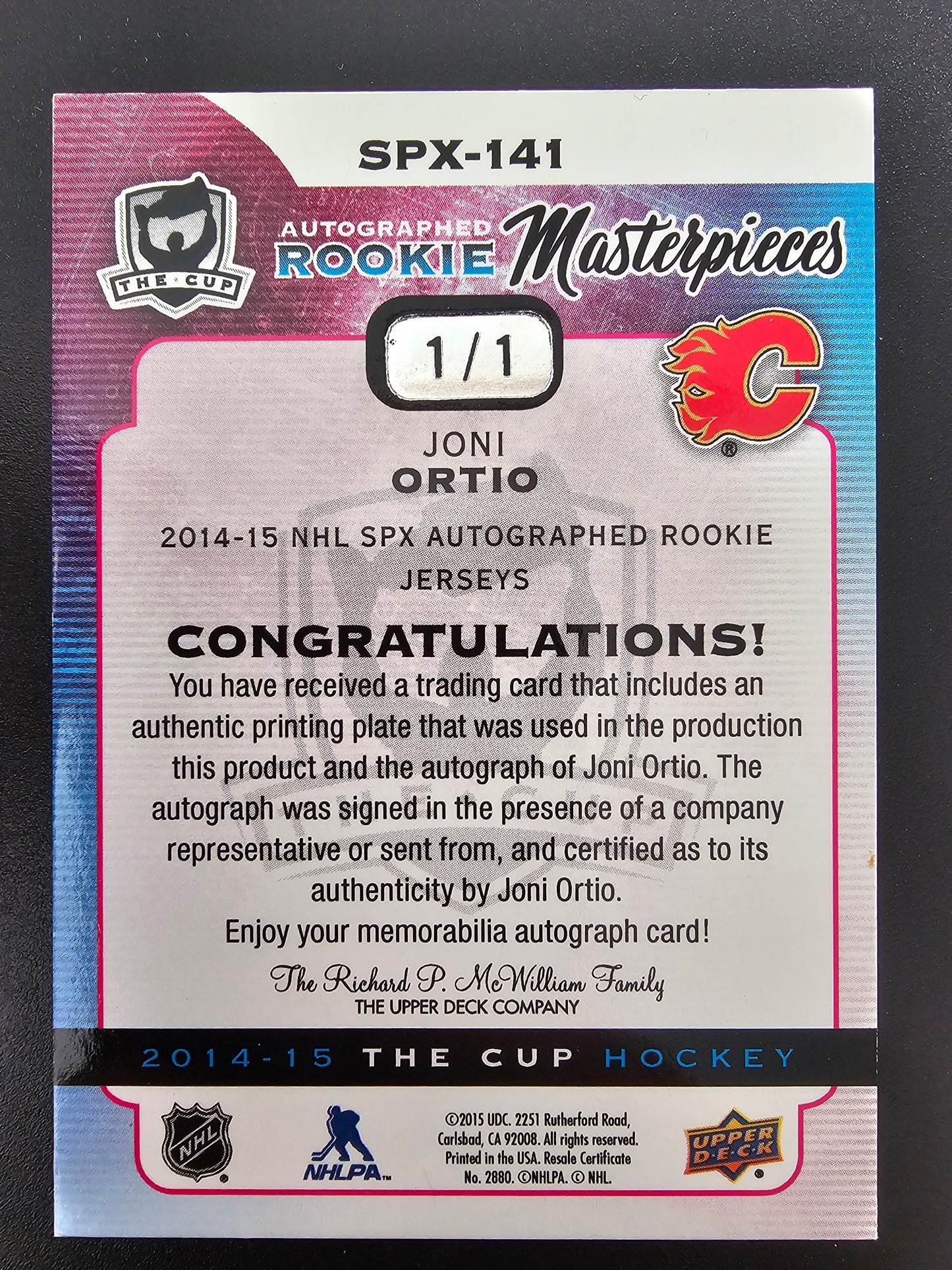 2014-15 The Cup Autographed Rookie Masterpieces printing plate - Joni Ortio #SPX-141 - 1of1 RC