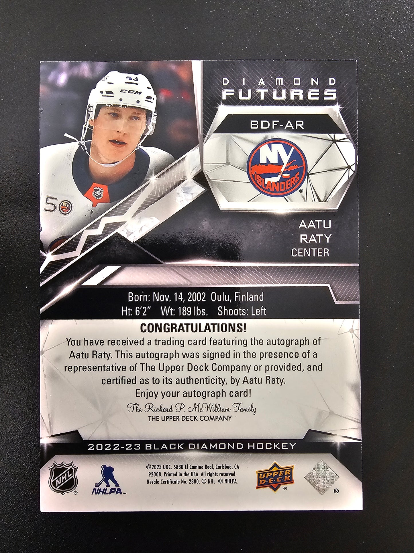 2022-23 Upper Deck Black Diamond  Futures Autograph - Aatu Raty #BDF-AR /65 RY