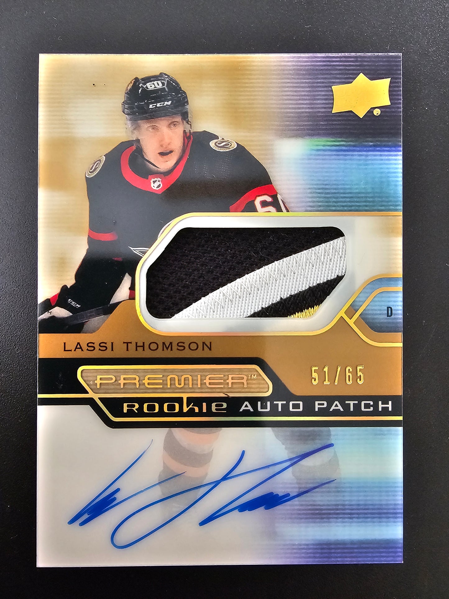 2021-22 Upper Deck Premier - Acetate Rookie Auto Patch Gold - Lassi Thomson #AR-LT /65 RY