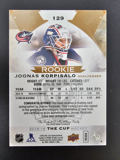 2015-16 Upper Deck The Cup - Gold Spectrum Foil Autographed Rookie - Joonas Korpisalo #129 /36 RC