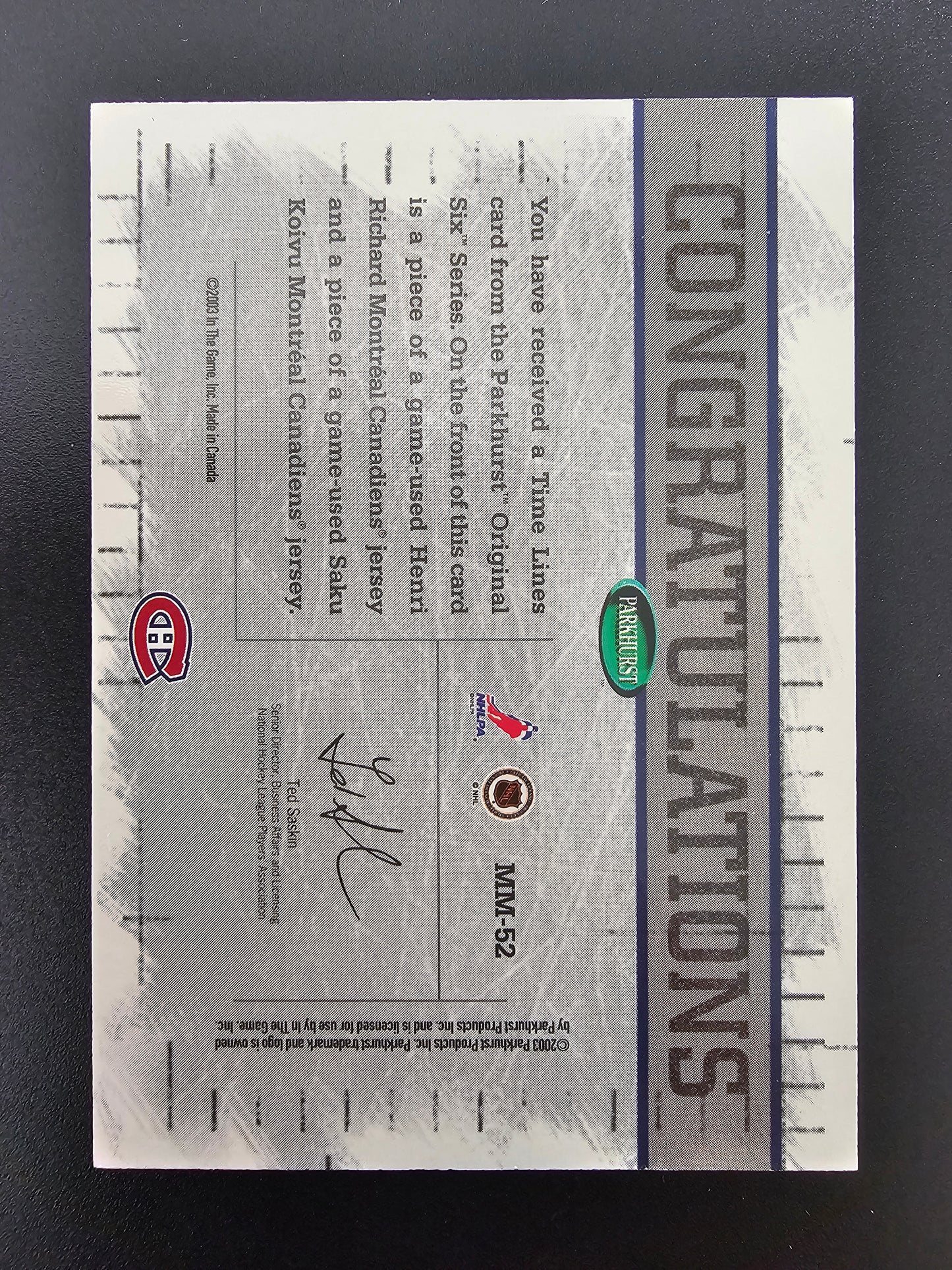 2003-04 Parkhurst Original Six Montreal Canadiens - Memorabilia Time Lines - Henri Richard - Saku Koivu #MM-52
