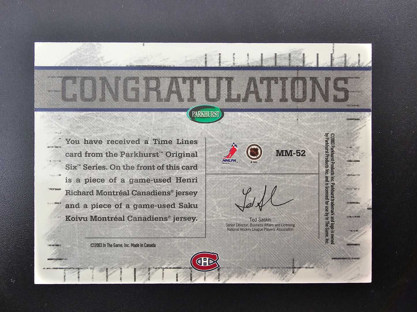 2003-04 Parkhurst Original Six Montreal Canadiens - Memorabilia Time Lines - Henri Richard - Saku Koivu #MM-52