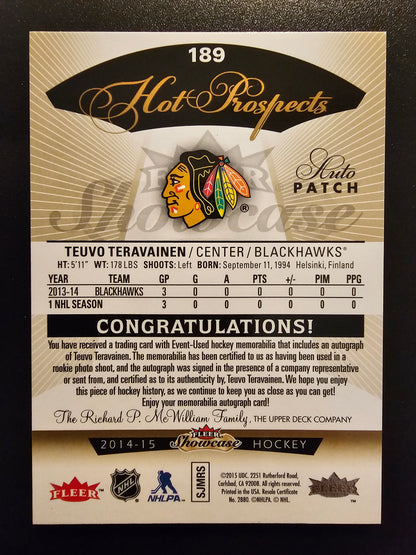2014-15 Upper Deck Fleer Showcase - Hot Prospects Auto Patch - Teuvo Teravainen #189 /375 RC
