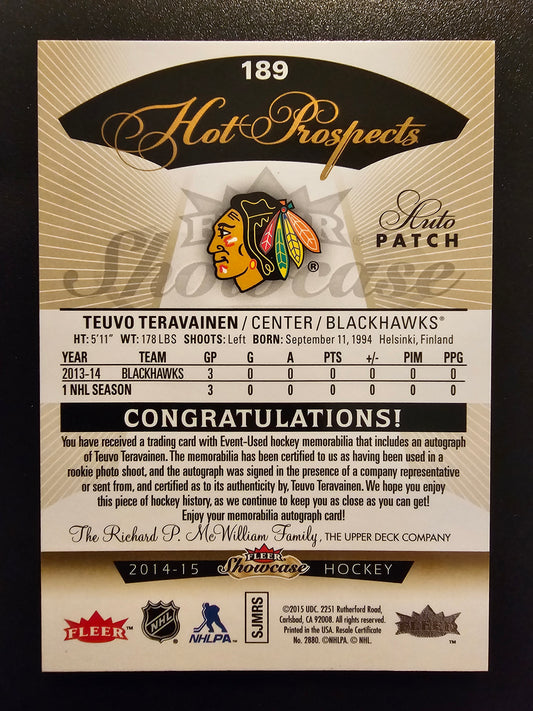 2014-15 Upper Deck Fleer Showcase - Hot Prospects Auto Patch - Teuvo Teravainen #189 /375 RC