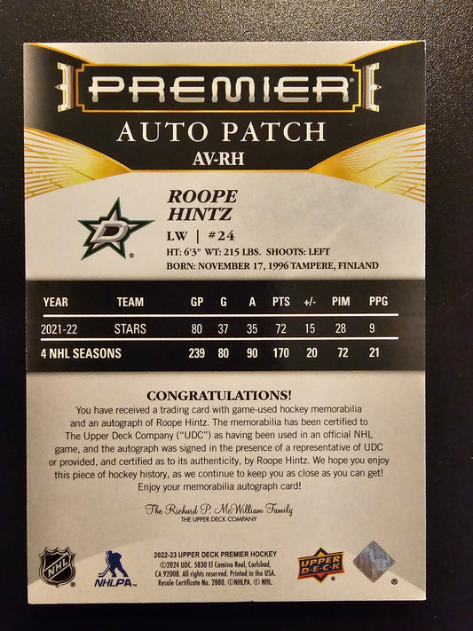2022-23 Upper Deck Premier - Acetate Auto Patch - Roope Hintz #AV-LE /49