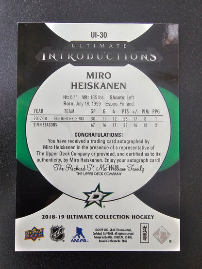 2018-19 Upper Deck Ultimate Collection - Ultimate Introductions - Onyx Black Autographs - Miro Heiskanen #UI-30 /10 RY