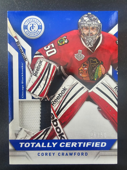 2013-14 Panini Totally Certified - Totally Certified Materials - Blue Prime - Corey Crawford #TC-CCR /50