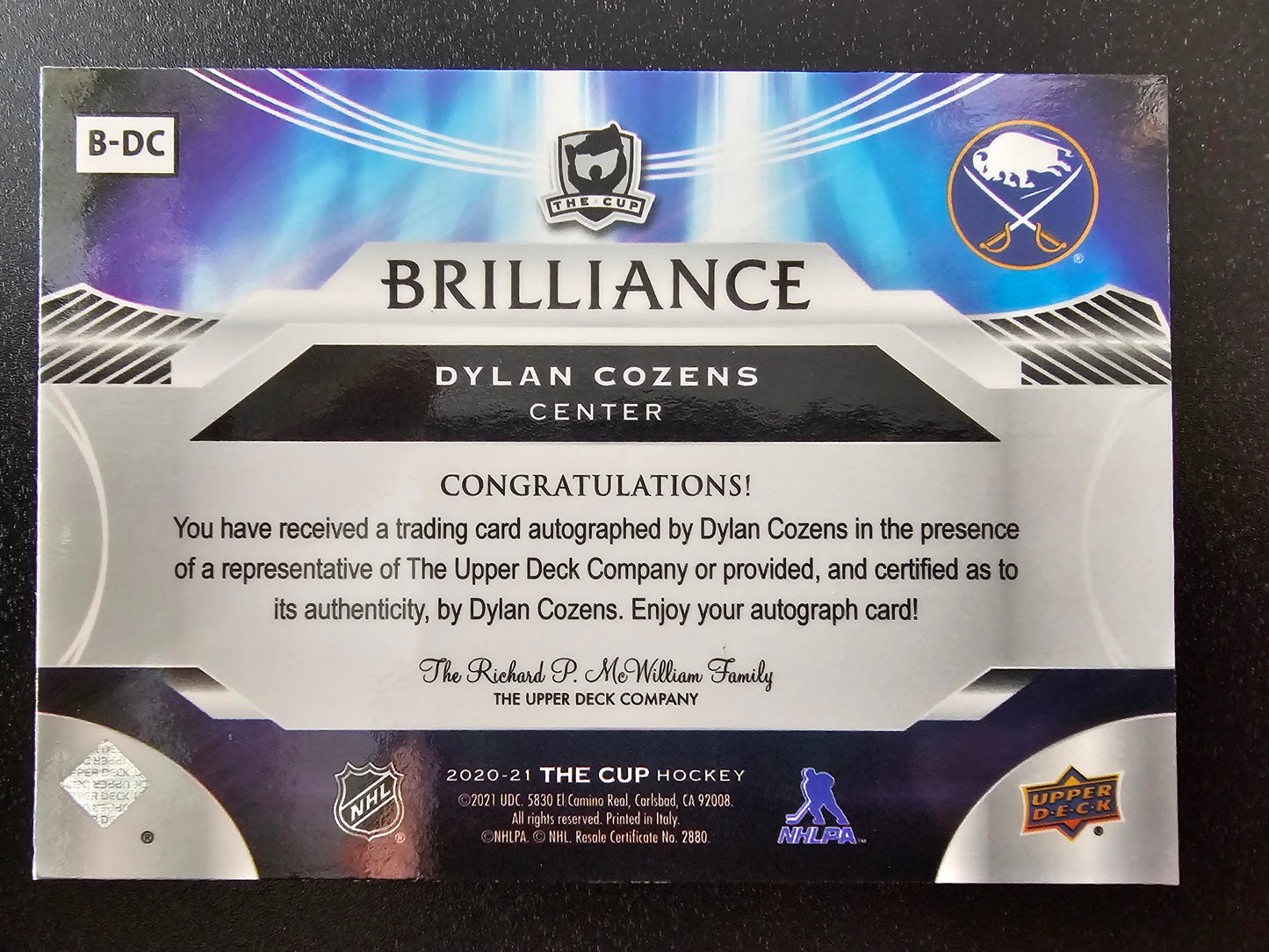 2020-21 Upper Deck The Cup - Brilliance - Dylan Cozens #B-DC RY