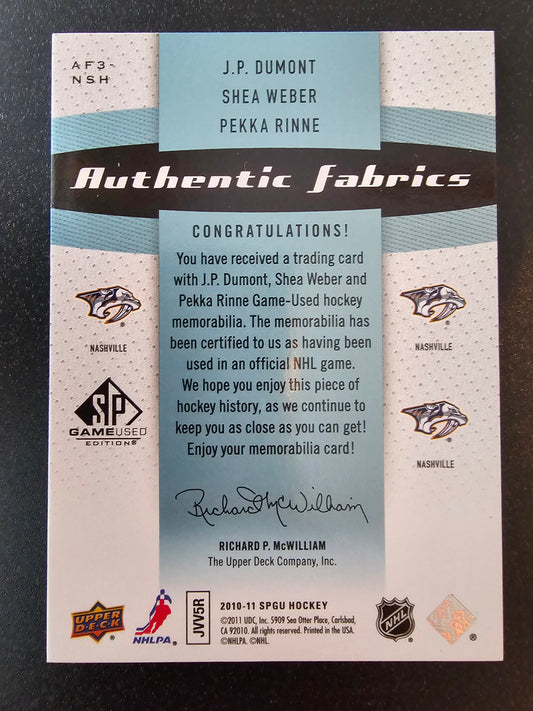 2010-11 Upper Deck SP Game Used Edition - Triple Authentic Fabrics Patches  - J.P. Dumont / Shea Weber / Pekka Rinne #AF3-NSH /15
