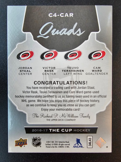 2016-17 Upper Deck The Cup - Cup Quads Jerseys - Jordan Staal / Teuvo Teravainen / Victor Rask / Cam Ward #C4-CAR /10