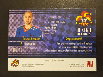 2016-17 Cereal Jokerit Authentic Materials - Rasmus Rissanen #JOK-JER-004 /70
