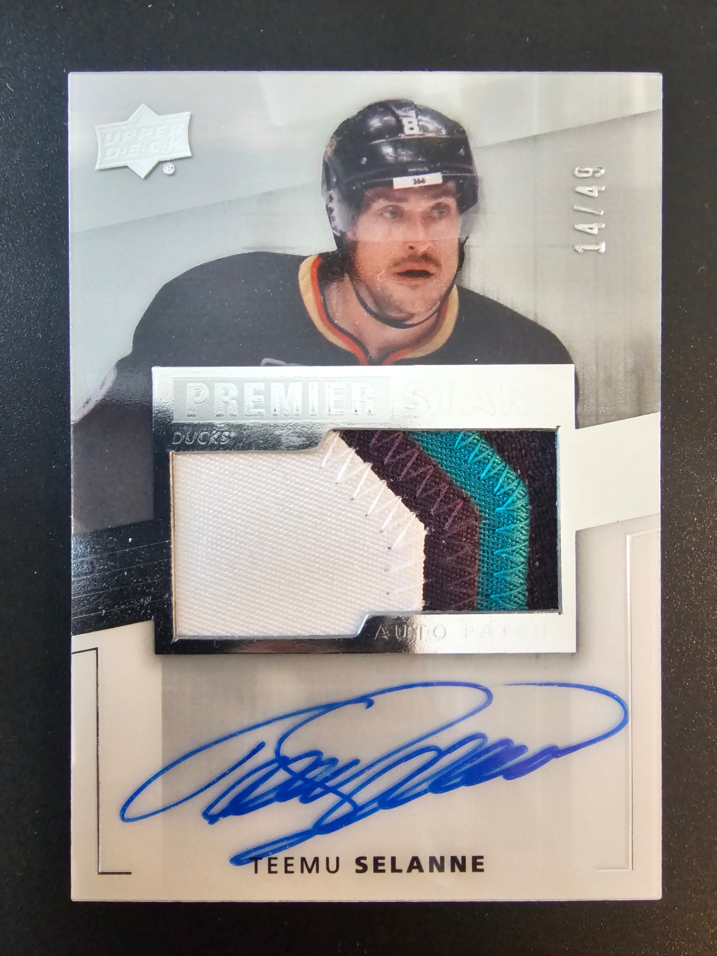 2014-15 Upper Deck Premier - Acetate Star Auto-Patch - Teemu Selanne #128 /49