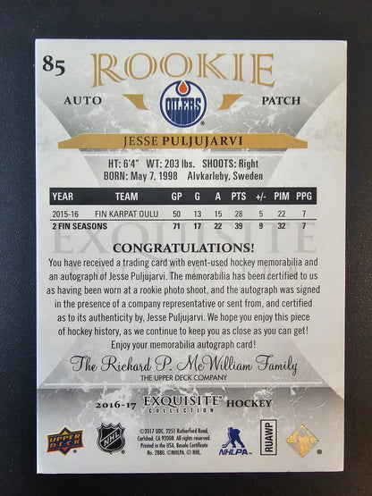 2016-17 Upper Deck The Cup - Exquisite Collection Rookie Auto Patch - Jesse Puljujarvi #85 /98 RY