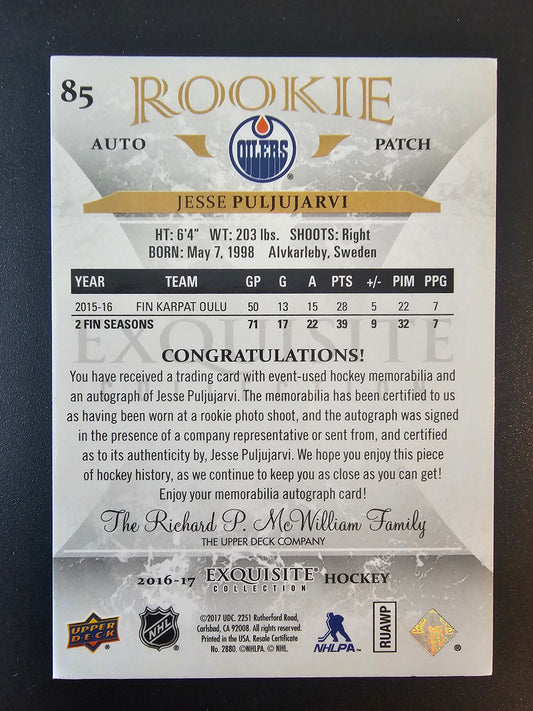 2016-17 Upper Deck The Cup - Exquisite Collection Rookie Auto Patch - Jesse Puljujarvi  #85 /98 RY