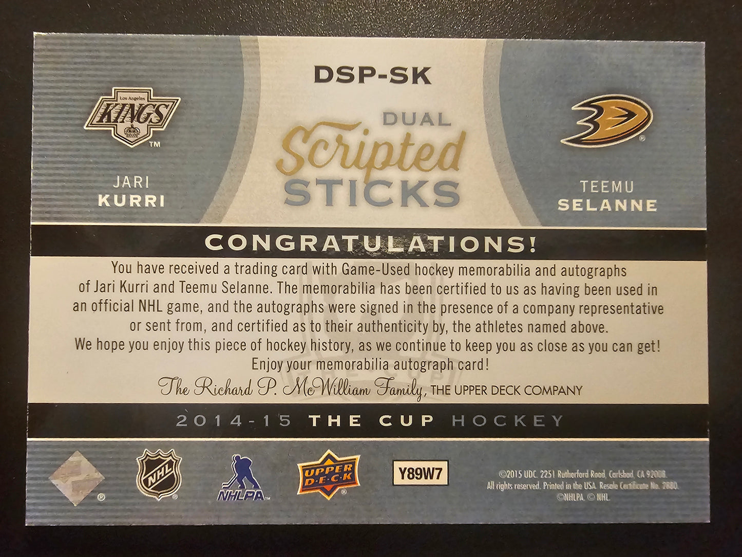 2014-15 Upper Deck The Cup - Dual Scripted Sticks - Jari Kurri / Teemu Selanne #DSP-SK /15