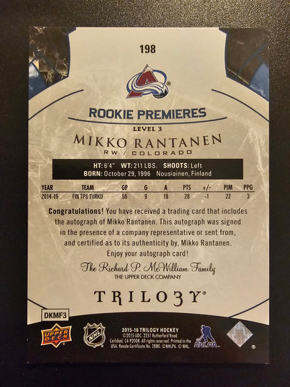 2015-16 Upper Deck Trilogy - Blue Rainbow Foil Level 3 - Rookie Premieres Autograph - Mikko Rantanen #198 /96 RY