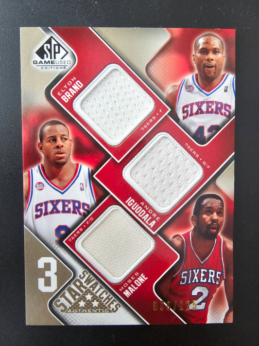 2009-10 Upper Deck SP Game Used - 3 Star Swatches - Level 1 - Elton Brand / Andre Iguodala / Moses Malone #3S-BIM /125