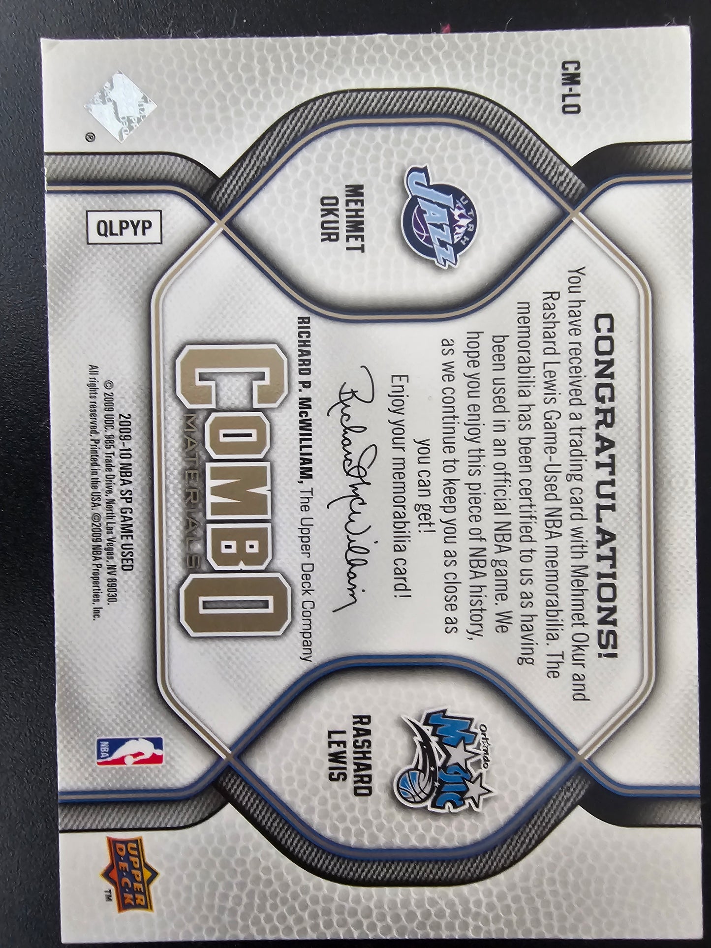 2009-10 Upper Deck SP Game Used - Combo Materials - Level 1 - Mehmet Okur / Rashard Lewis #CM-LO /155