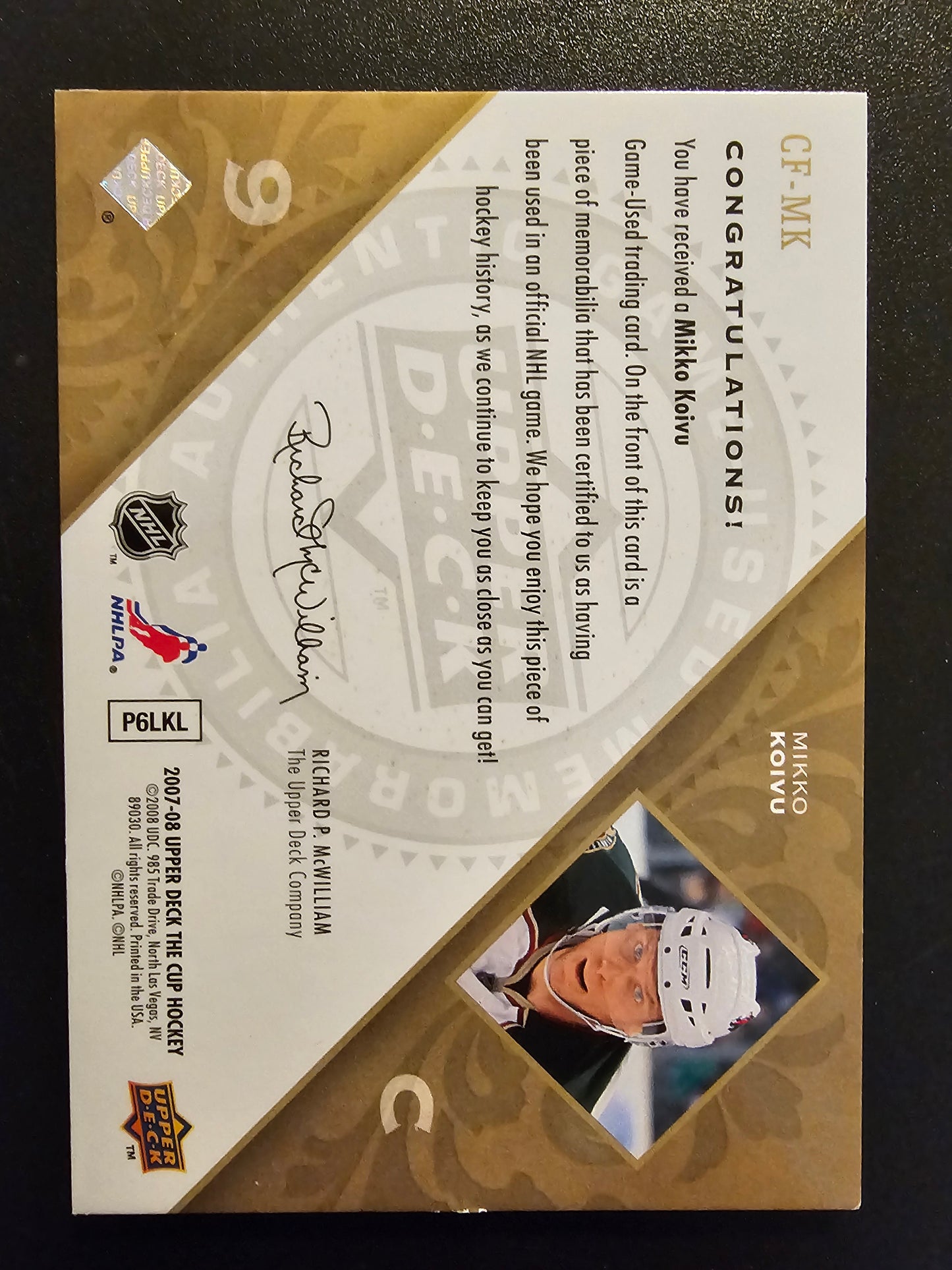 2007-08 Upper Deck The Cup - Cup Foundations Jerseys - Patches - Mikko Koivu #CF-MK /10