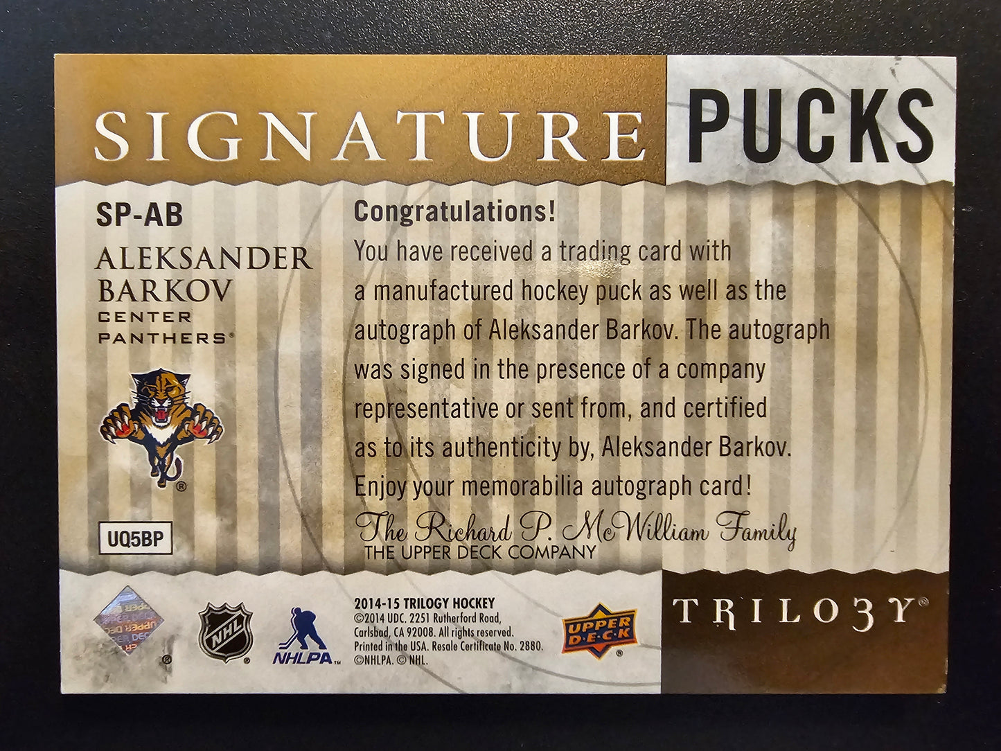 2014-15 Upper Deck Trilogy - Signature Pucks - Shield Logo - Aleksander Barkov #SP-AB /3