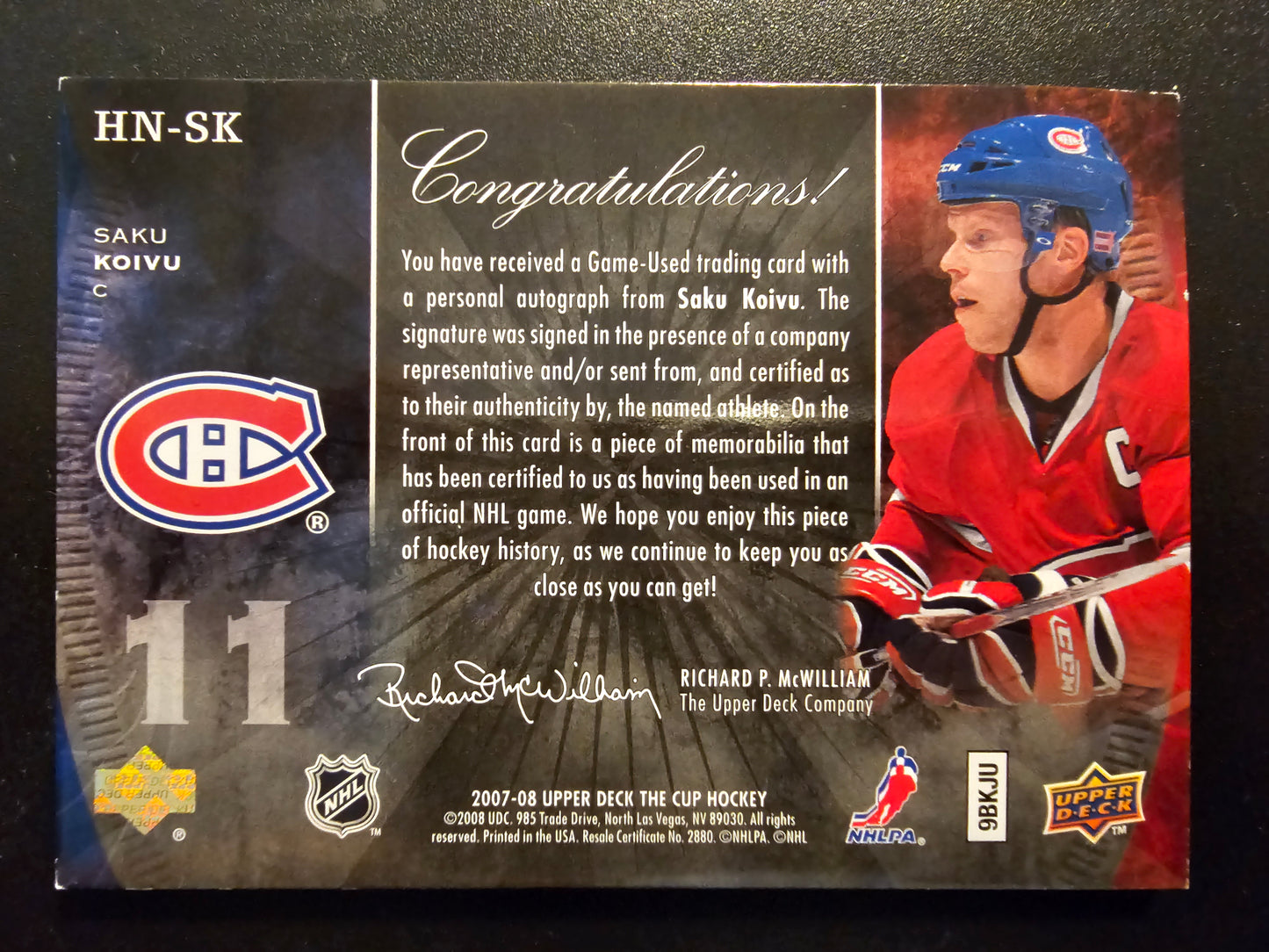 2007-08 Upper Deck The Cup - Honorable Numbers - Saku Koivu #HN-SK /11