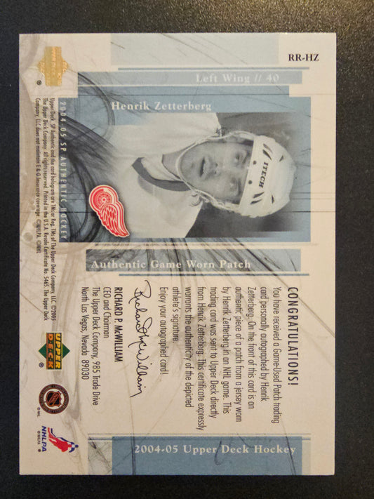 2004-05 Upper Deck SP Authentic - Rookie Review Autograph Patch - Henrik Zetterberg #RR-HZ /100