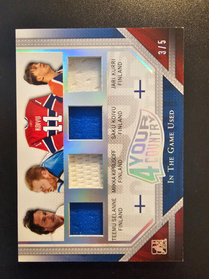 2014-15 In the Game Used - 4 Your Country - Prismatic Silver - Teemu Selanne / Miikka Kiprusoff / Saku Koivu / Jari Kurri #4YC-05 /5