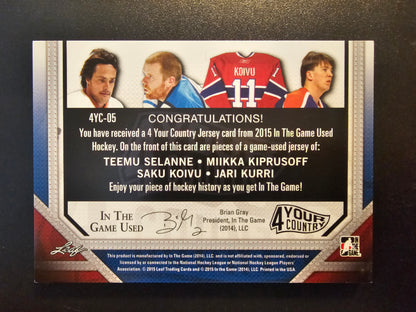 2014-15 In the Game Used - 4 Your Country - Prismatic Silver - Teemu Selanne / Miikka Kiprusoff / Saku Koivu / Jari Kurri #4YC-05 /5
