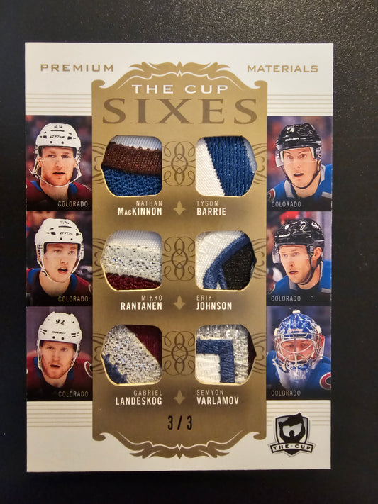 2018-19 Upper Deck The Cup - Cup Sixes Jerseys - Gold Patch - Nathan MacKinnon / Mikko Rantanen / Gabriel Landeskog / Tyson Barrie / Erik Johnson / Semyon Varlamov #C6-COL /3