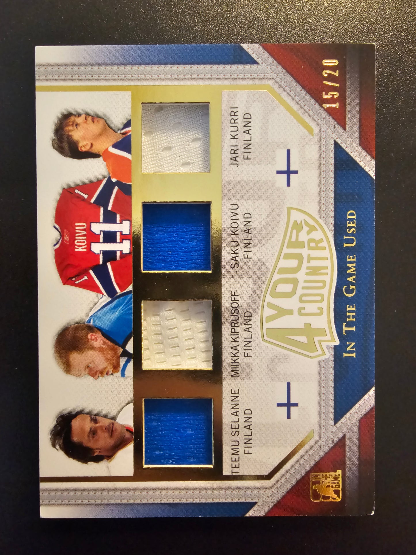 2014-15 In the Game Used - 4 Your Country - Gold - Teemu Selanne / Miikka Kiprusoff / Saku Koivu / Jari Kurri #4YC-05 /20