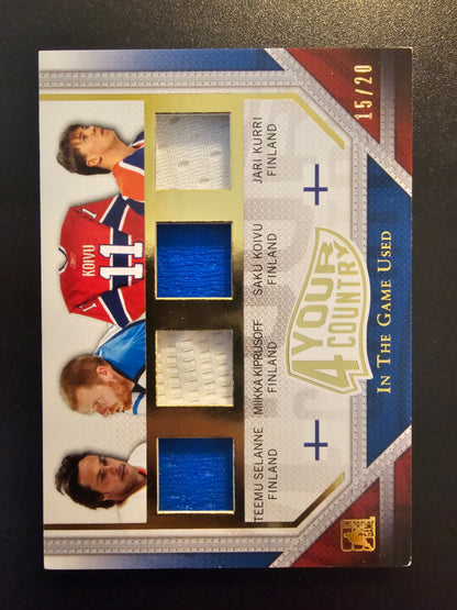2014-15 In the Game Used - 4 Your Country - Gold - Teemu Selanne / Miikka Kiprusoff / Saku Koivu / Jari Kurri #4YC-05 /20