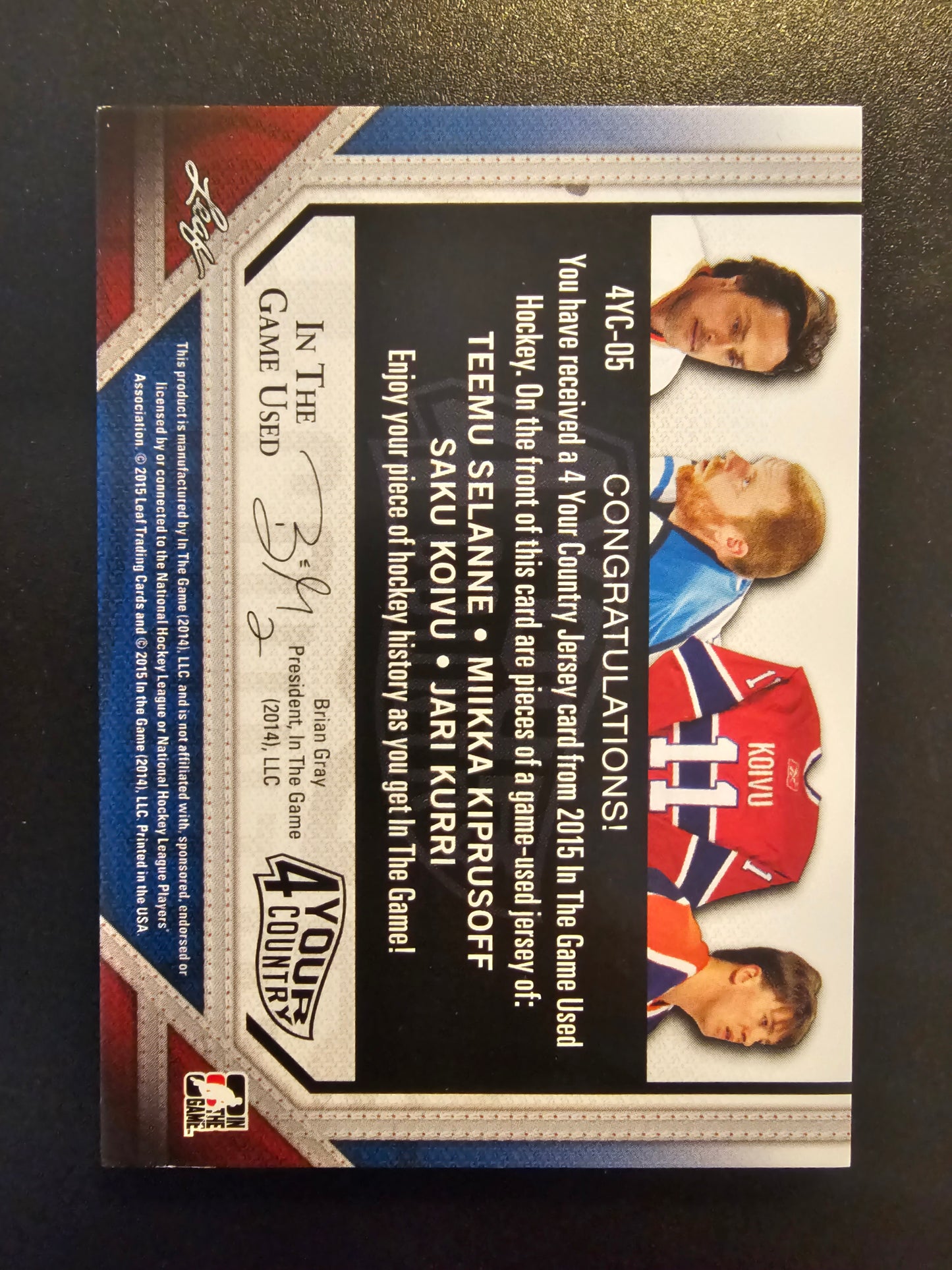 2014-15 In the Game Used - 4 Your Country - Gold - Teemu Selanne / Miikka Kiprusoff / Saku Koivu / Jari Kurri #4YC-05 /20