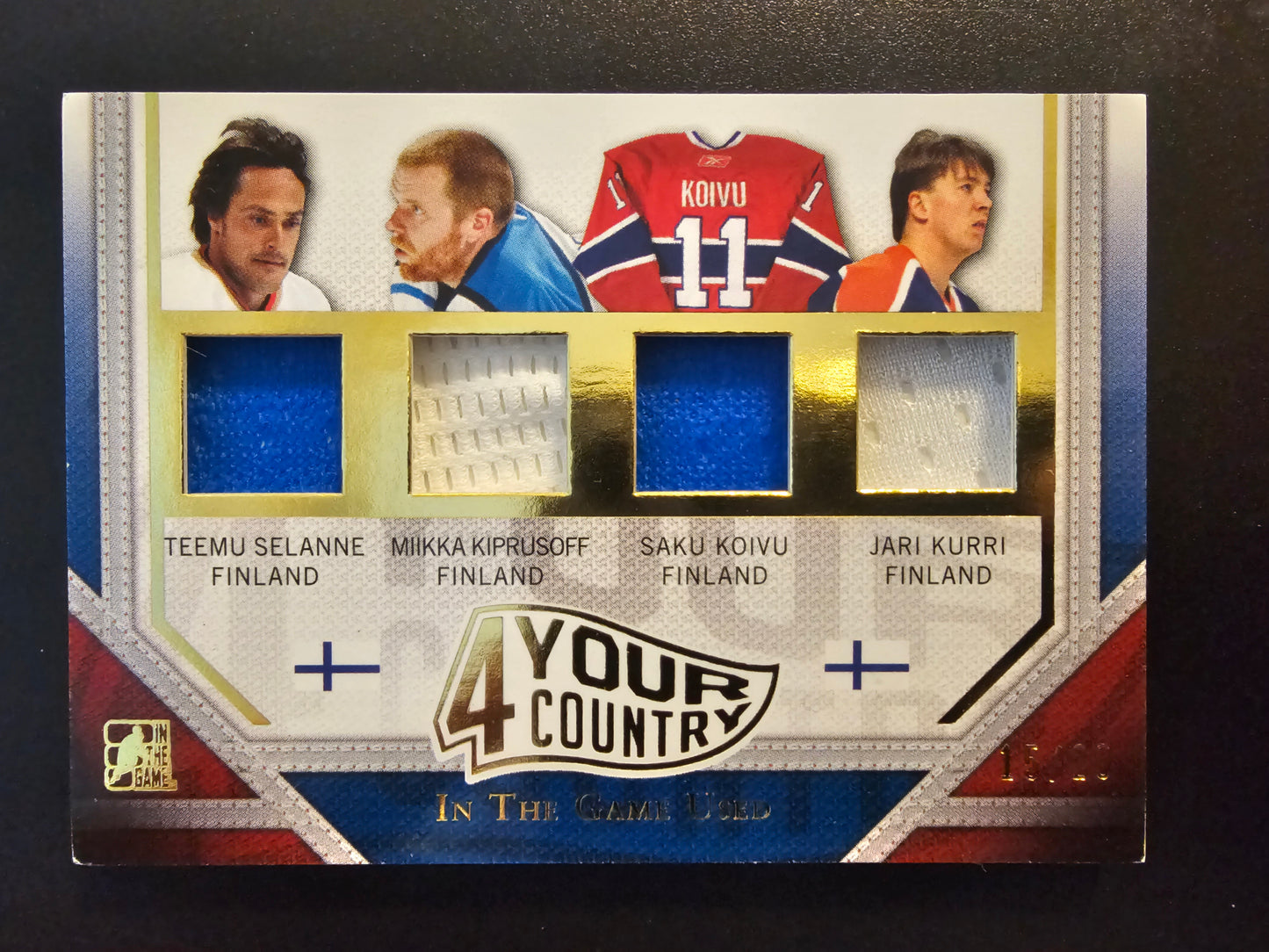2014-15 In the Game Used - 4 Your Country - Gold - Teemu Selanne / Miikka Kiprusoff / Saku Koivu / Jari Kurri #4YC-05 /20