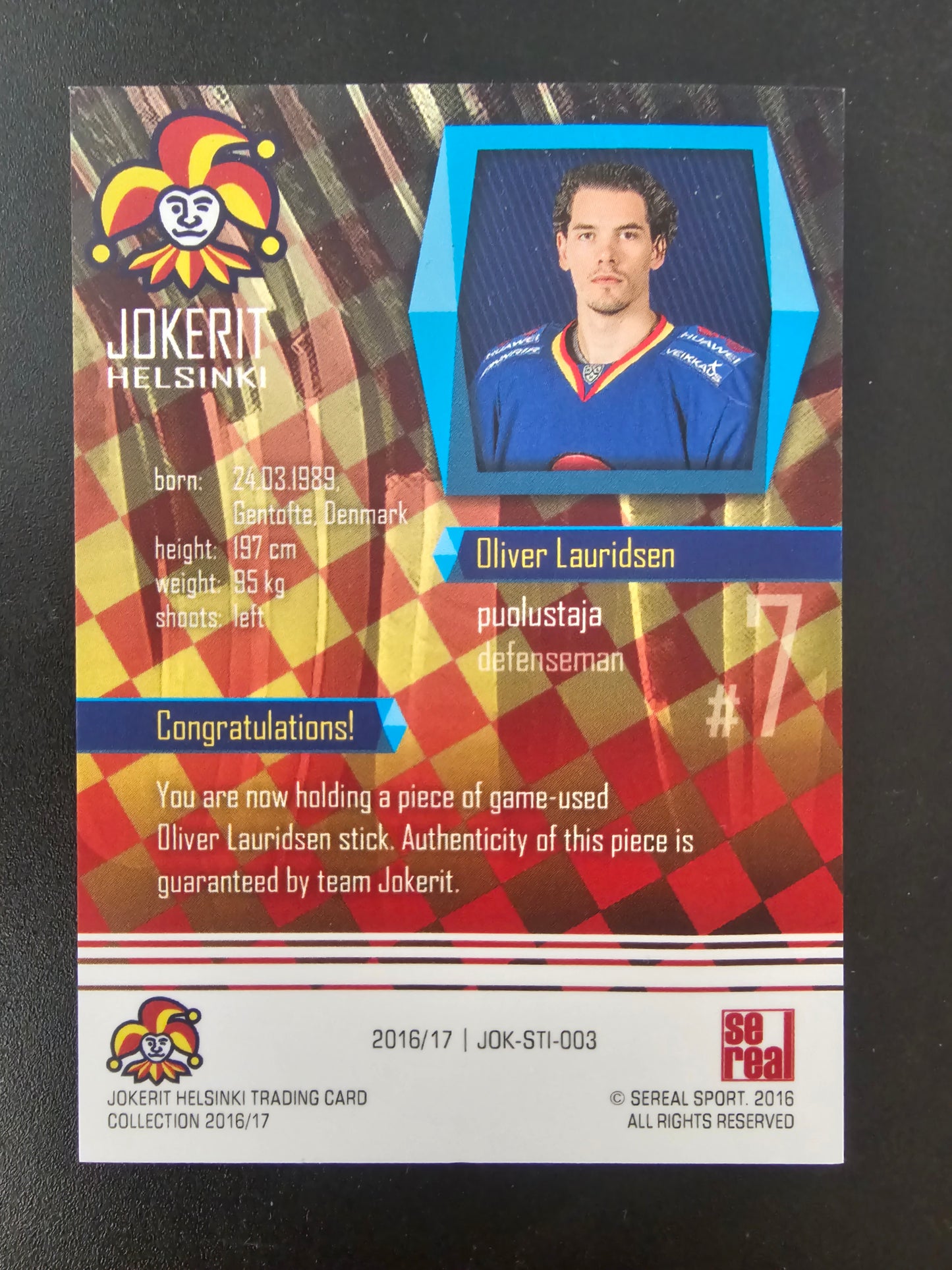 2016-17 Cereal Jokerit Stick - Oliver Lauridsen #JOK-STI-003 /50