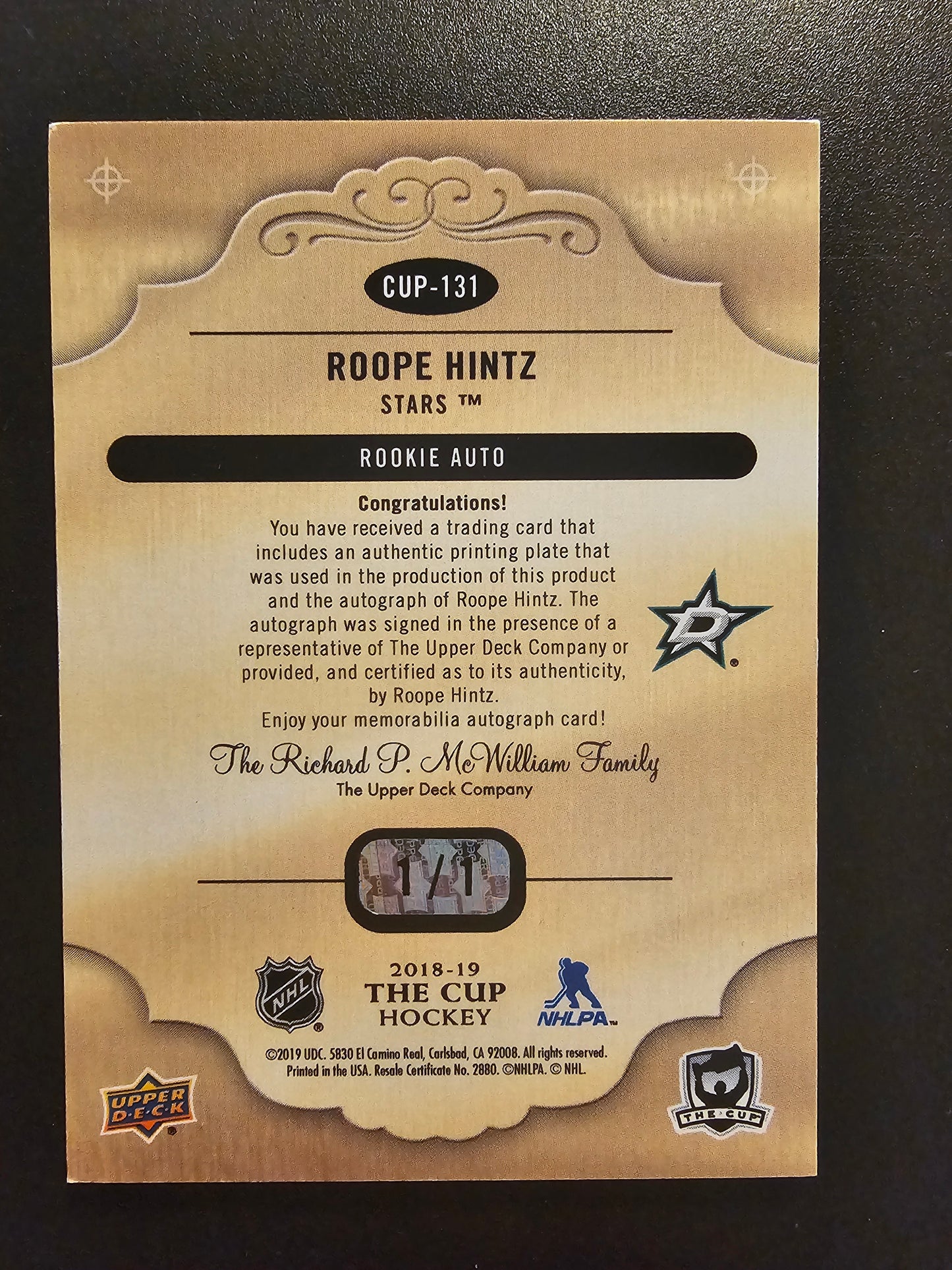 2018-19 Upper Deck The Cup - Rookie Masterpieces - The Cup Rookie Auto - Roope Hintz #CUP-131 1of1 RC