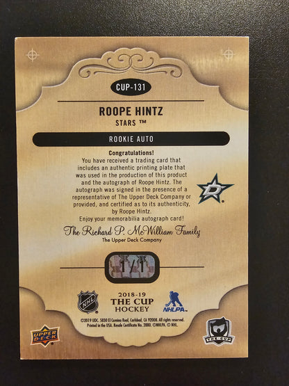 2018-19 Upper Deck The Cup - Rookie Masterpieces - The Cup Rookie Auto - Roope Hintz #CUP-131 1of1 RC