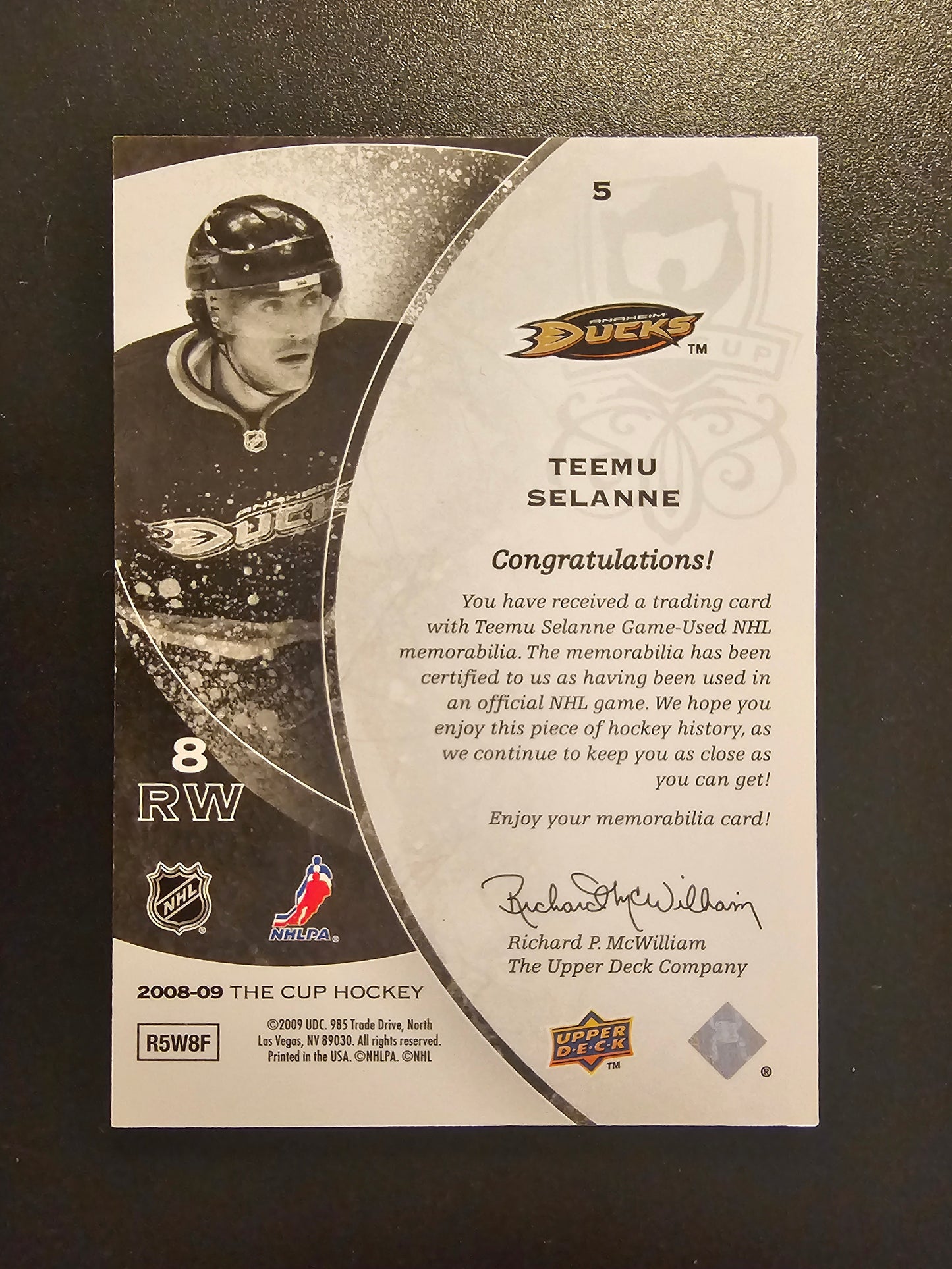 2008-09 Upper Deck The Cup - Gold Rainbow Patch - Teemu Selanne #5 Numbered with game number 8/10