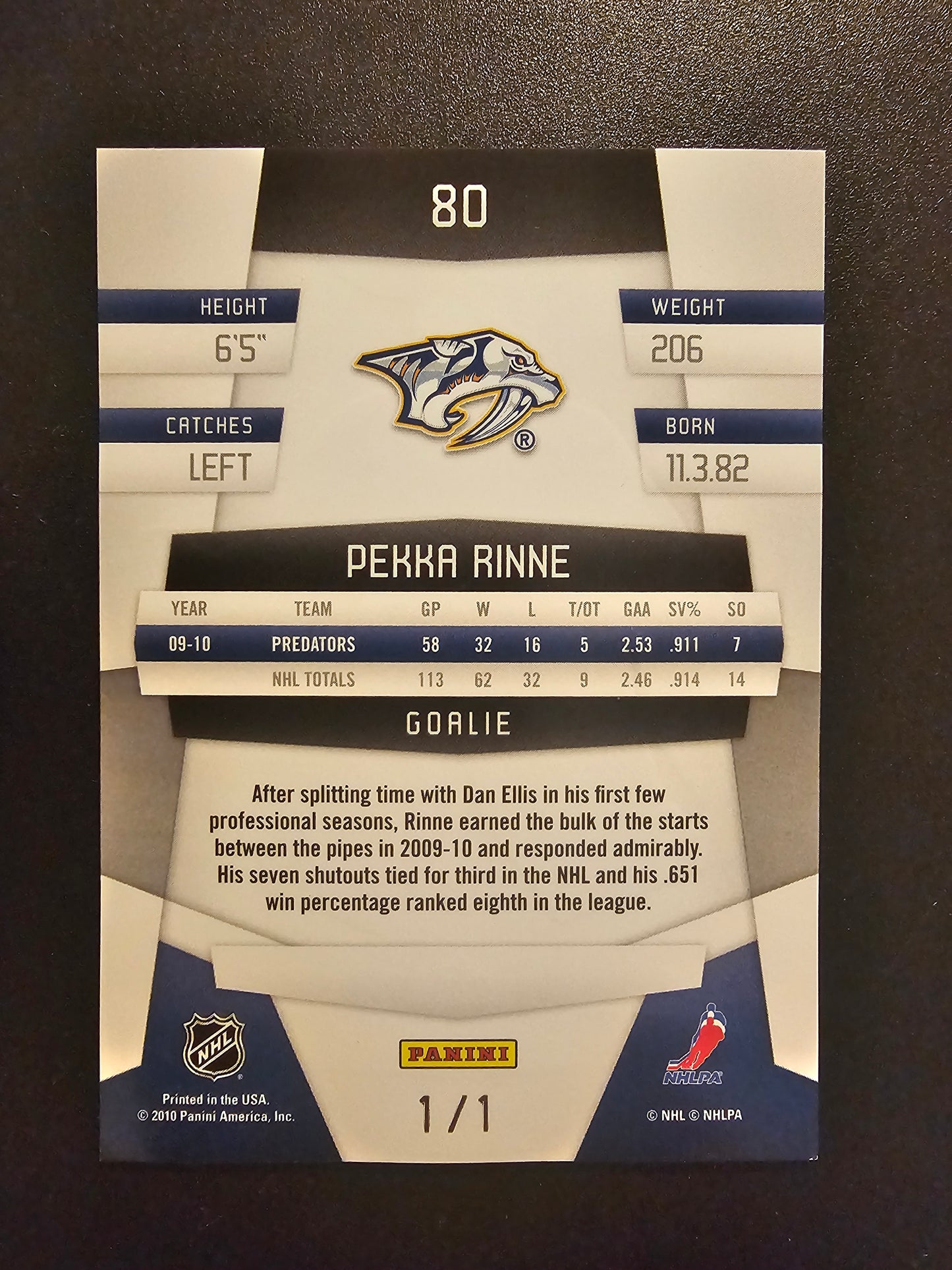 2010-11 Panini Certified - Platinum Black - Pekka Rinne #80 1of1