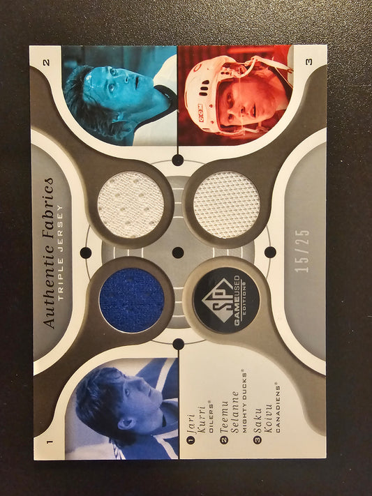 2005-06 Upper Deck SP Game Used Edition - Authentic Fabrics Triple - Jari Kurri / Teemu Selanne / Saku Koivu #AF3-KSK /25