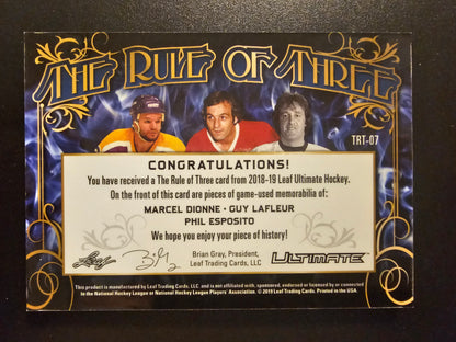 2018-19 Leaf Ultimate - The Rule of Three - Red Patch - Marcel Dionne / Guy Lafleur / Phil Esposito #TRT-07 /3